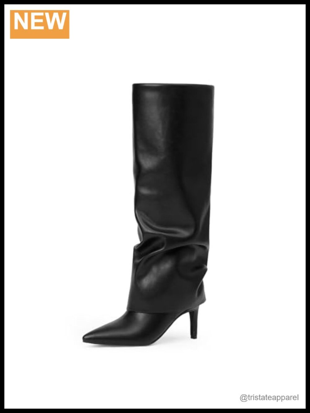Fold Over Knee High Boots for Women Wide Calf Stiletto Heel Faux Leather Zip